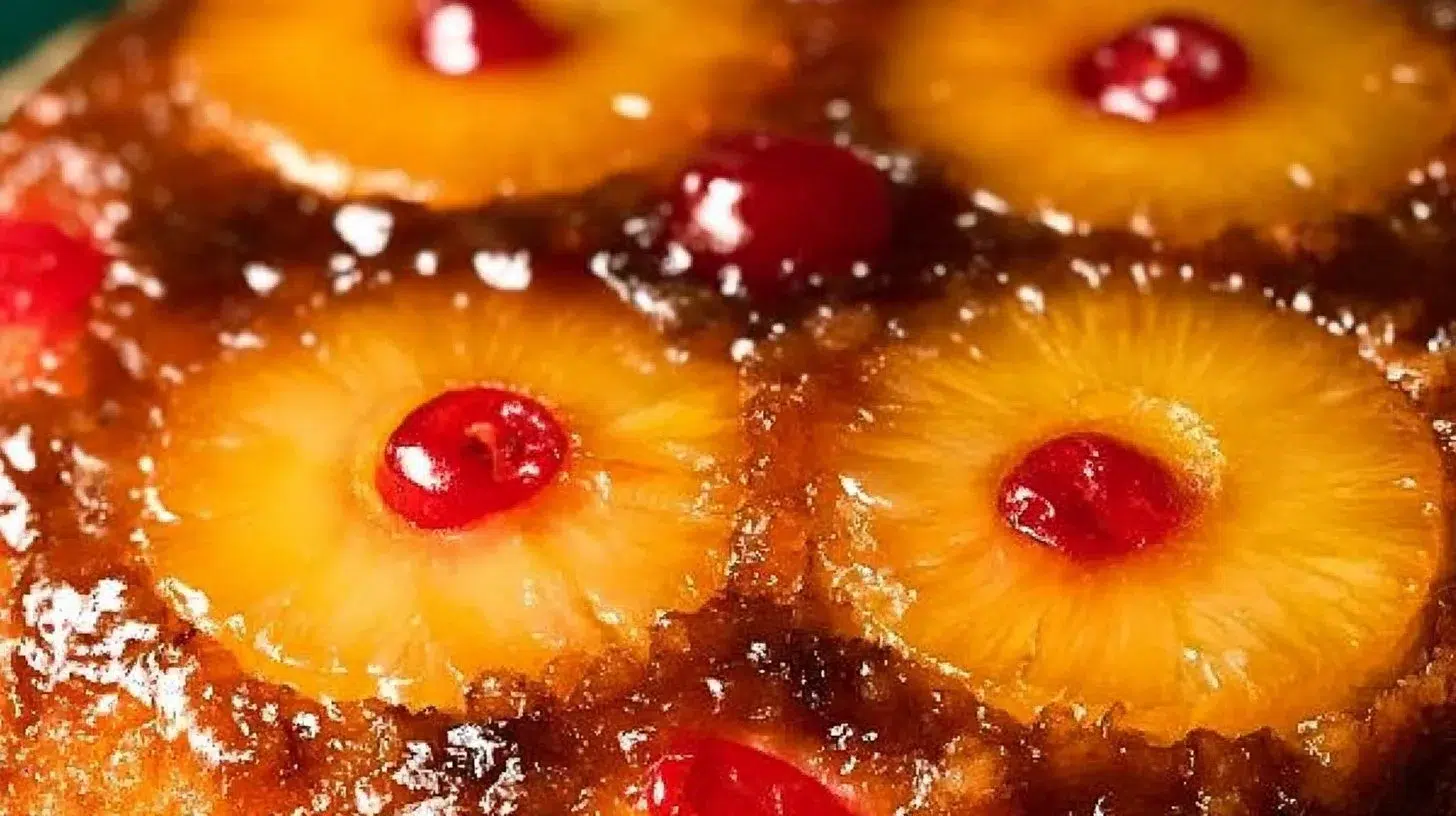 Delicious pineapple upside-down cake topped with caramelized pineapples and cherries.