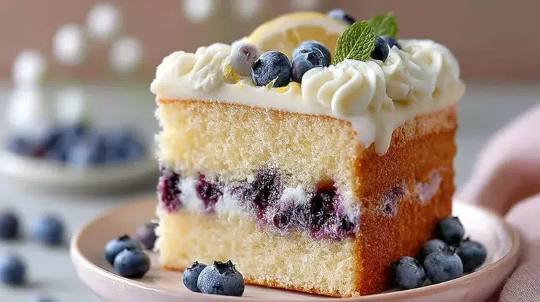 A delicious blueberry lemon cake topped with fresh blueberries and lemon zest