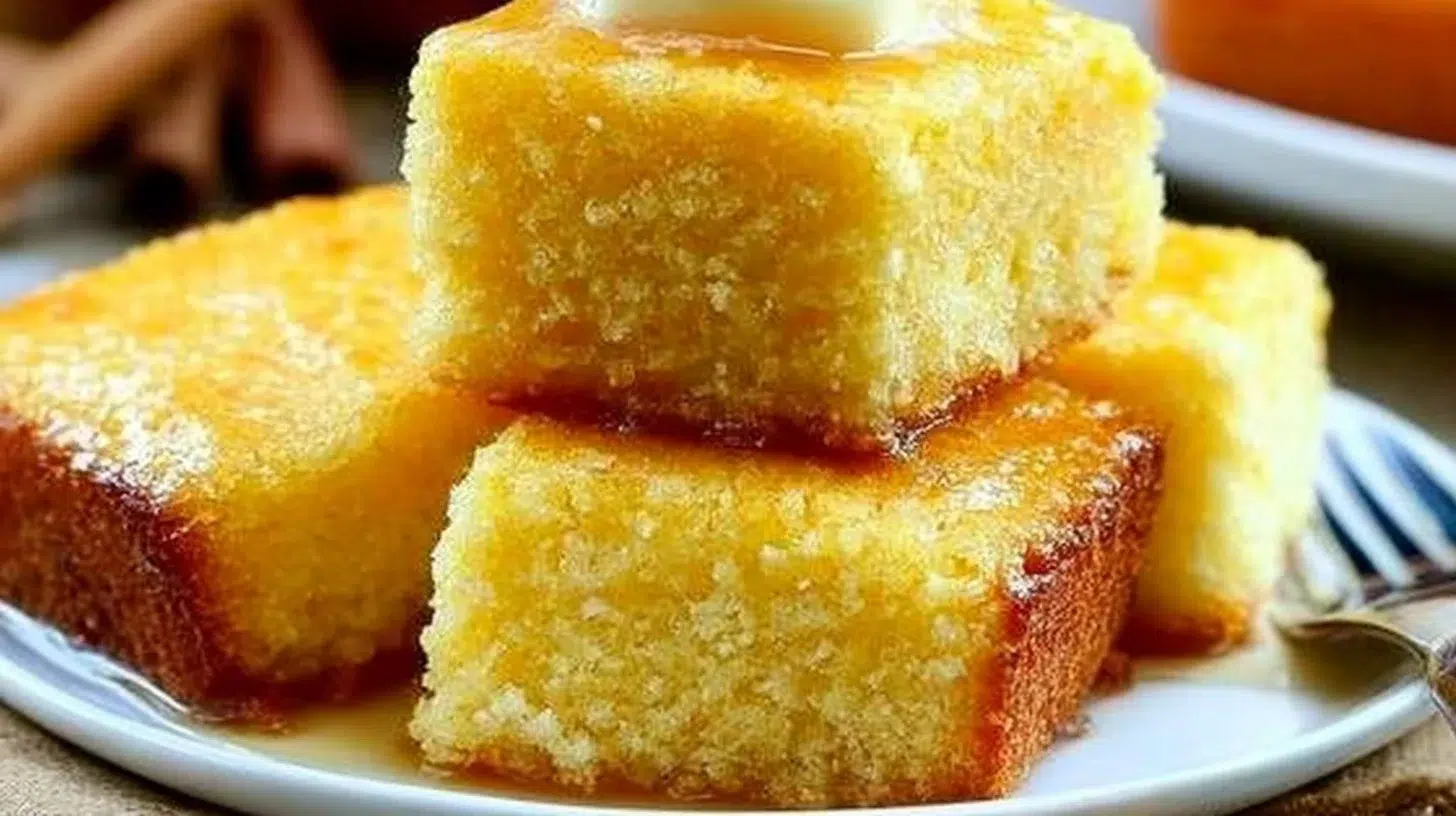 Delicious slice of easy cornbread served with butter on a plate
