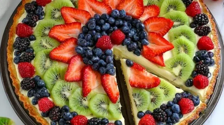 Colorful fruit pizza topped with mixed fruits and cream cheese frosting.