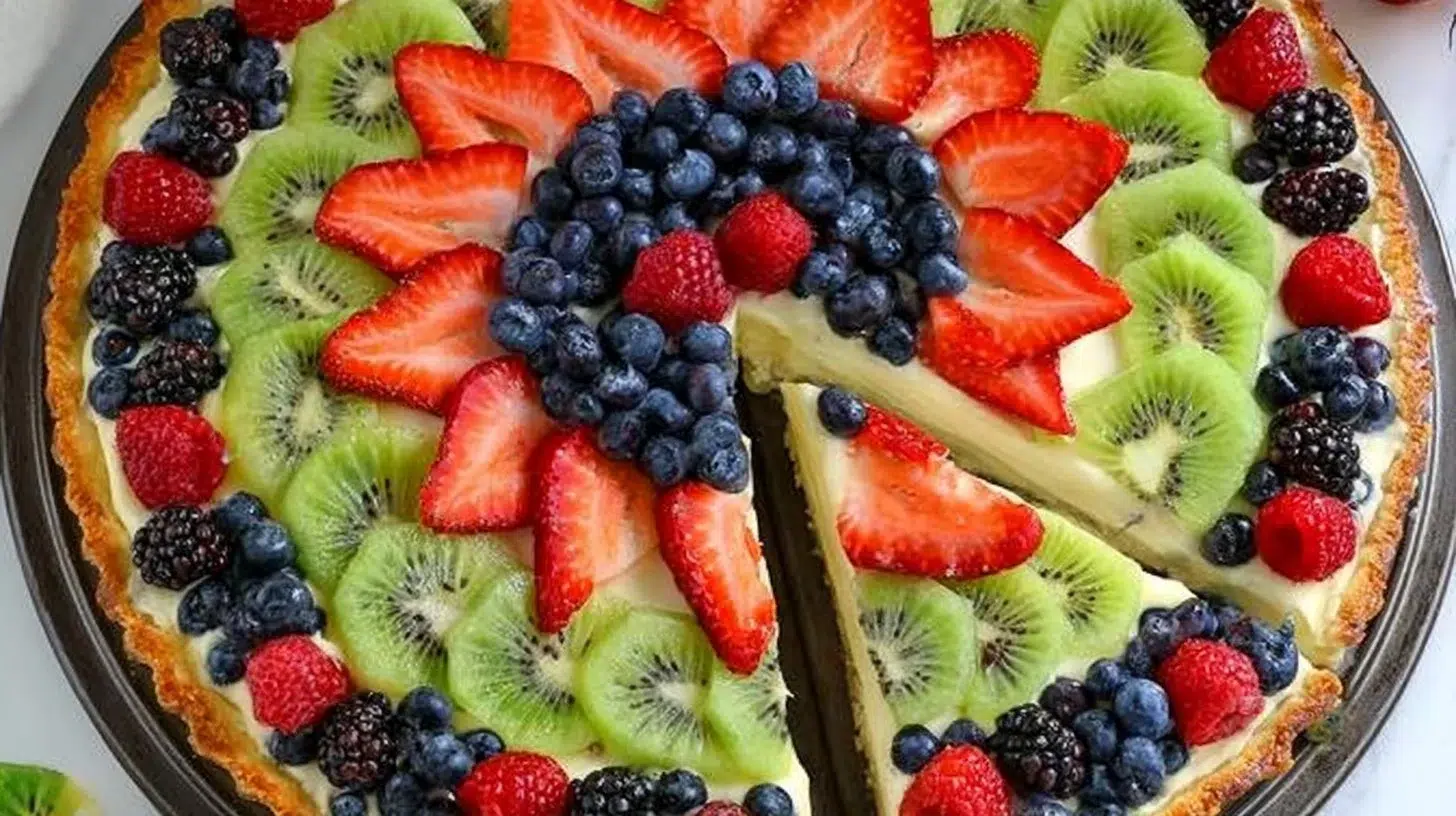 Colorful fruit pizza topped with mixed fruits and cream cheese frosting.