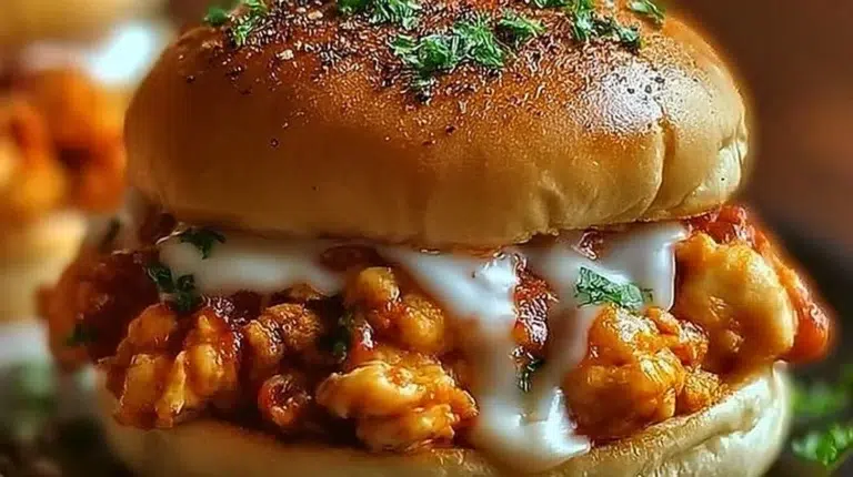 Plate of ground chicken sloppy joes with tangy sauce on a bun