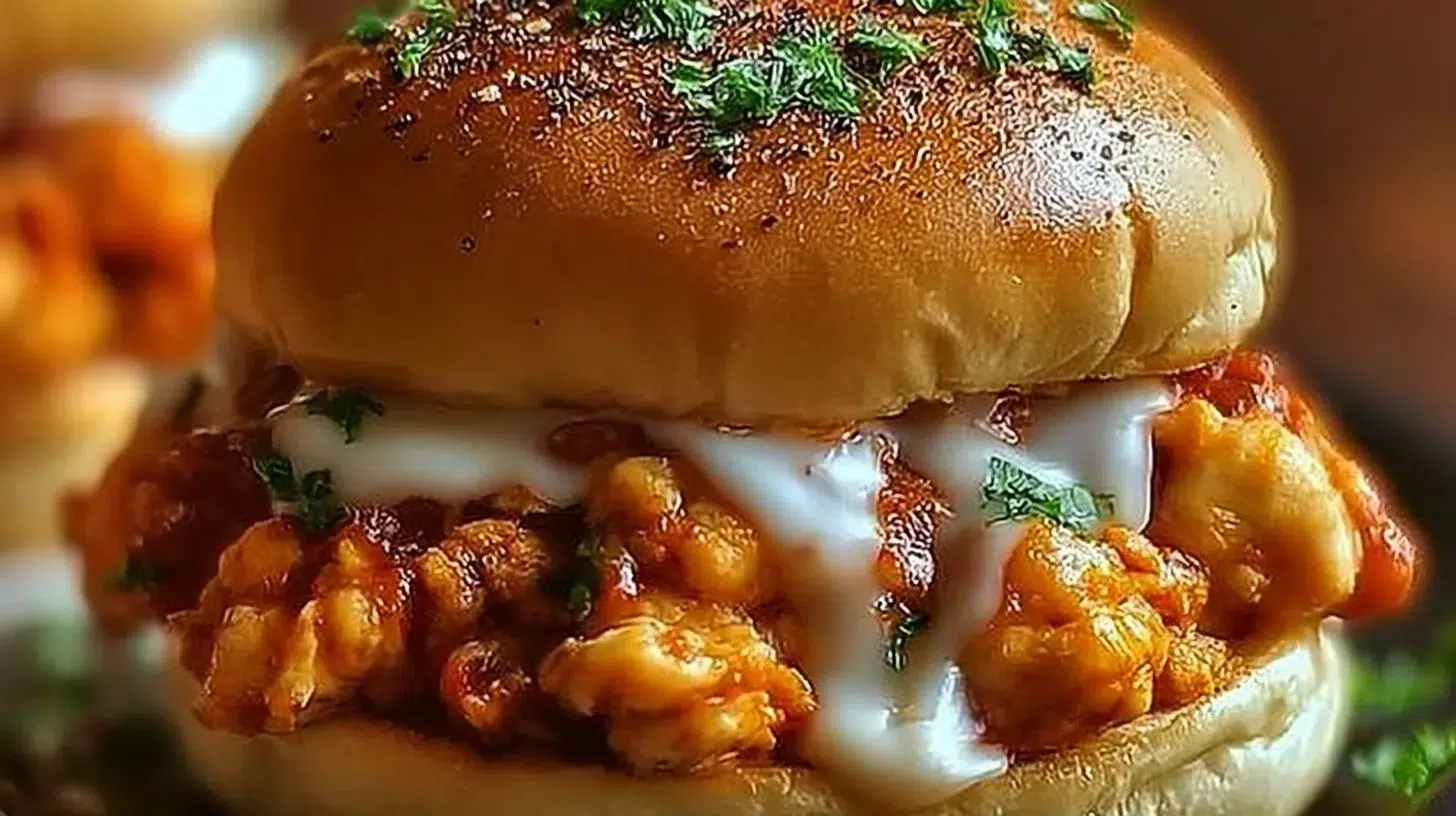 Plate of ground chicken sloppy joes with tangy sauce on a bun
