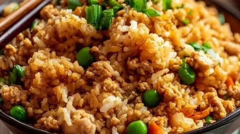 Easy one-pan ground chicken fried rice dish served in a bowl