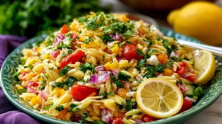 Colorful summer lemon orzo pasta salad with fresh herbs and vegetables.