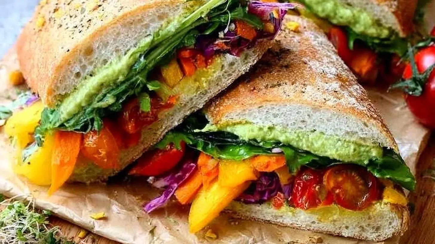 Ultimate vegan crunchy veggie sandwich filled with fresh vegetables and spreads