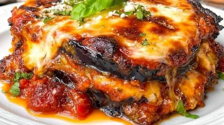 Delicious Eggplant Parmigiana baked with cheese and marinara sauce