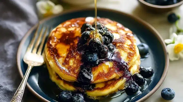 Stack of fluffy blueberry pancakes with fresh blueberries and syrup