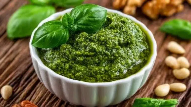 A bowl of homemade fresh basil pesto sauce with pine nuts and basil leaves.