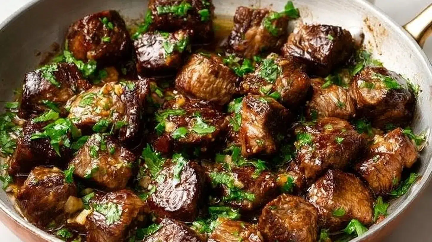 Garlic Butter Steak Bites served with fresh herbs and a side of veggies
