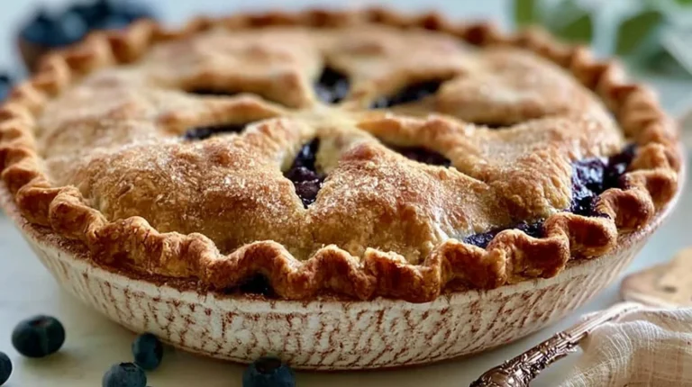 Golden blueberry pie with flaky crust and juicy blueberries on a plate
