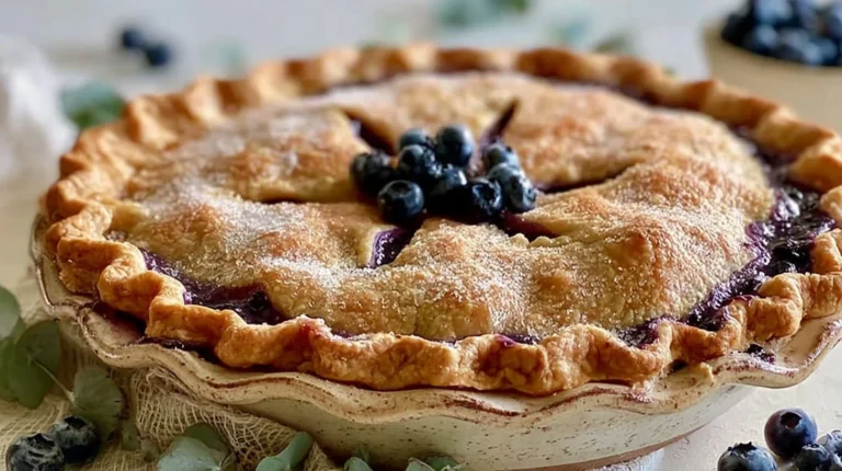 Golden blueberry pie with a flaky crust and fresh blueberries on top