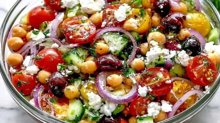 Delicious Greek Chickpea Salad with fresh vegetables and feta cheese