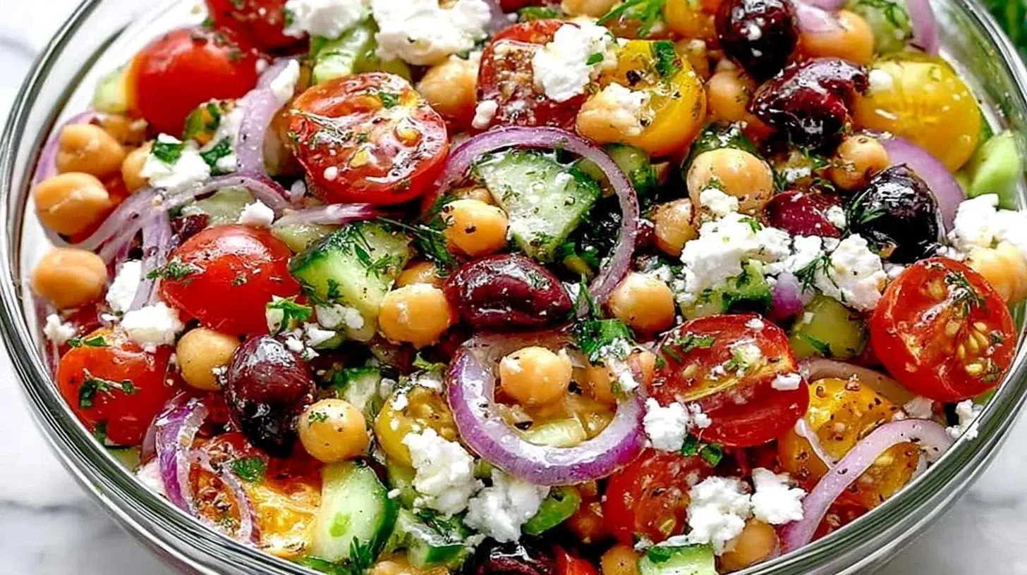 Delicious Greek Chickpea Salad with fresh vegetables and feta cheese