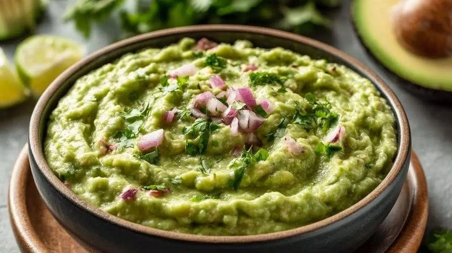 Bowl of fresh guacamole with tortilla chips and lime
