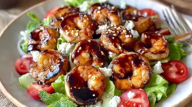 Homemade balsamic shrimp salad with fresh vegetables and herbs