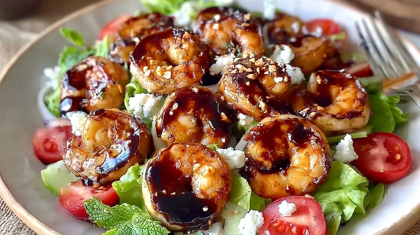 Homemade balsamic shrimp salad with fresh vegetables and herbs
