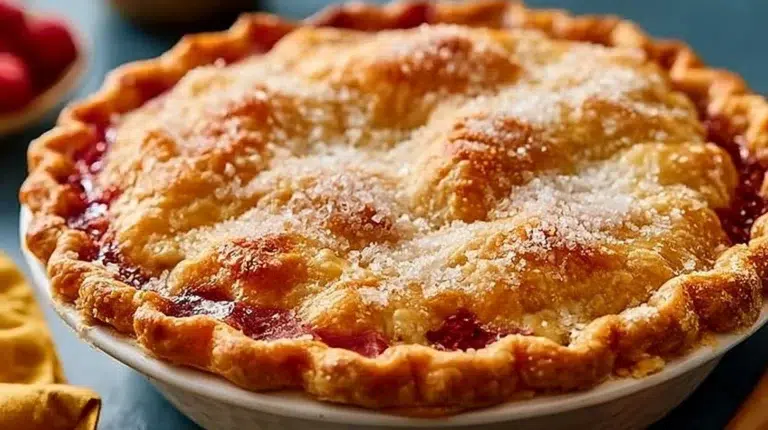 Homemade raspberry pie with fresh raspberries and flaky crust