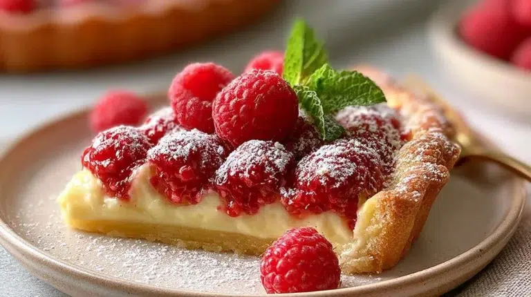 Delicious homemade raspberry tart with fresh raspberries on top