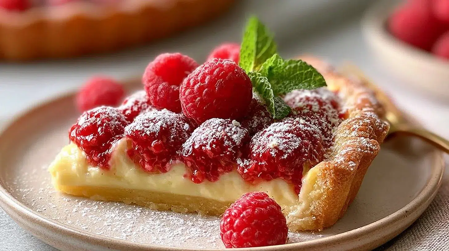 Delicious homemade raspberry tart with fresh raspberries on top