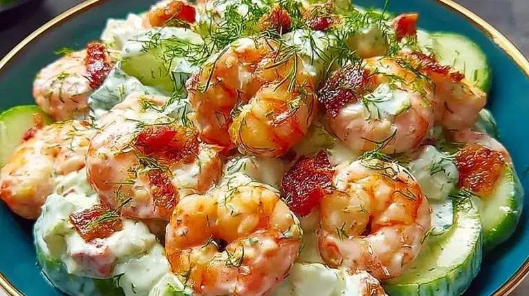 Delicious homemade shrimp bacon salad with fresh ingredients and a tasty dressing.