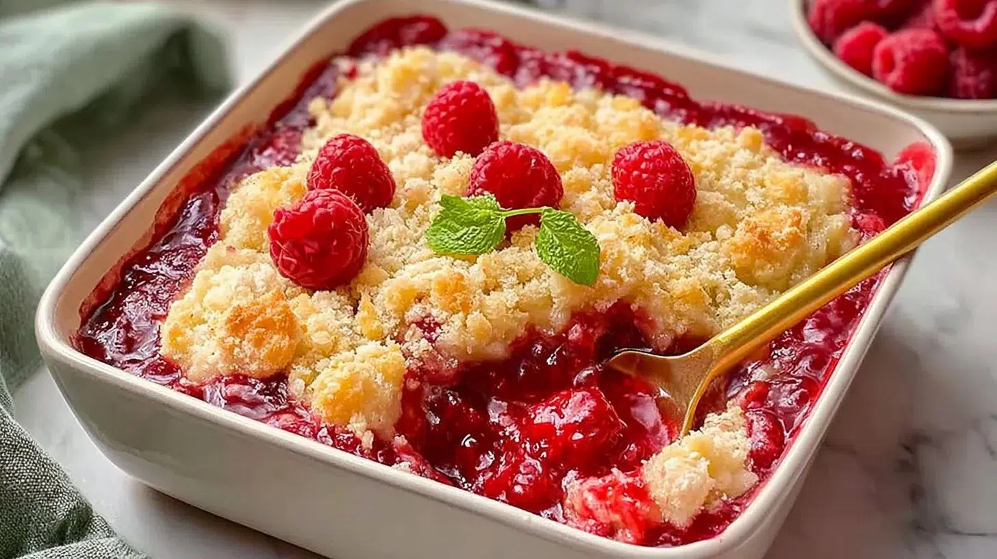 Delicious warm raspberry cobbler served in a rustic dish