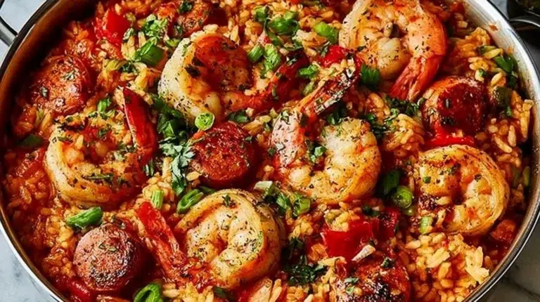 Delicious plate of Jambalaya featuring rice, seafood, sausage, and vegetables.