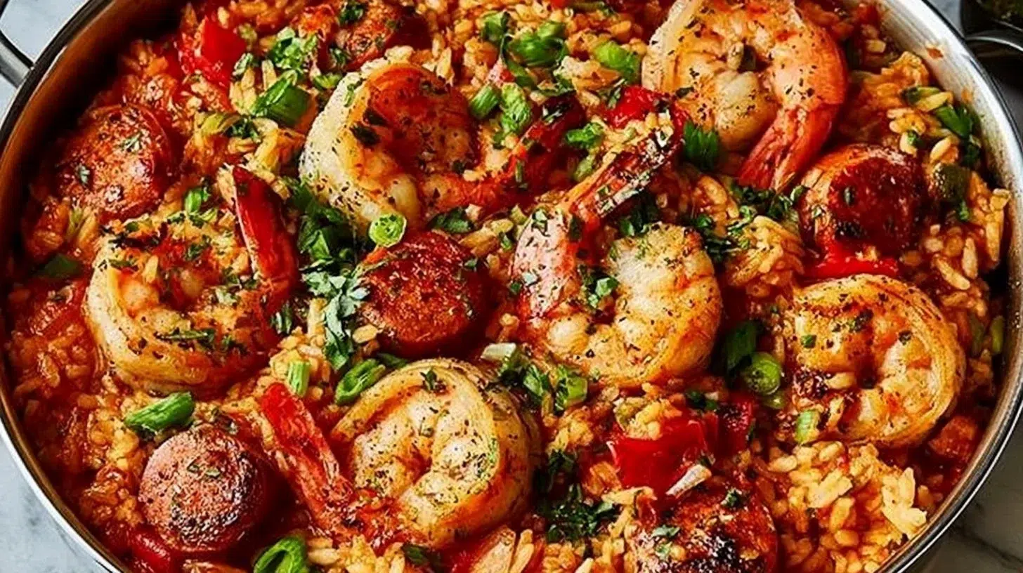 Delicious plate of Jambalaya featuring rice, seafood, sausage, and vegetables.