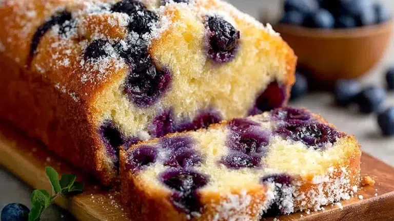Loaf of juicy blueberry bread with fresh blueberries on top