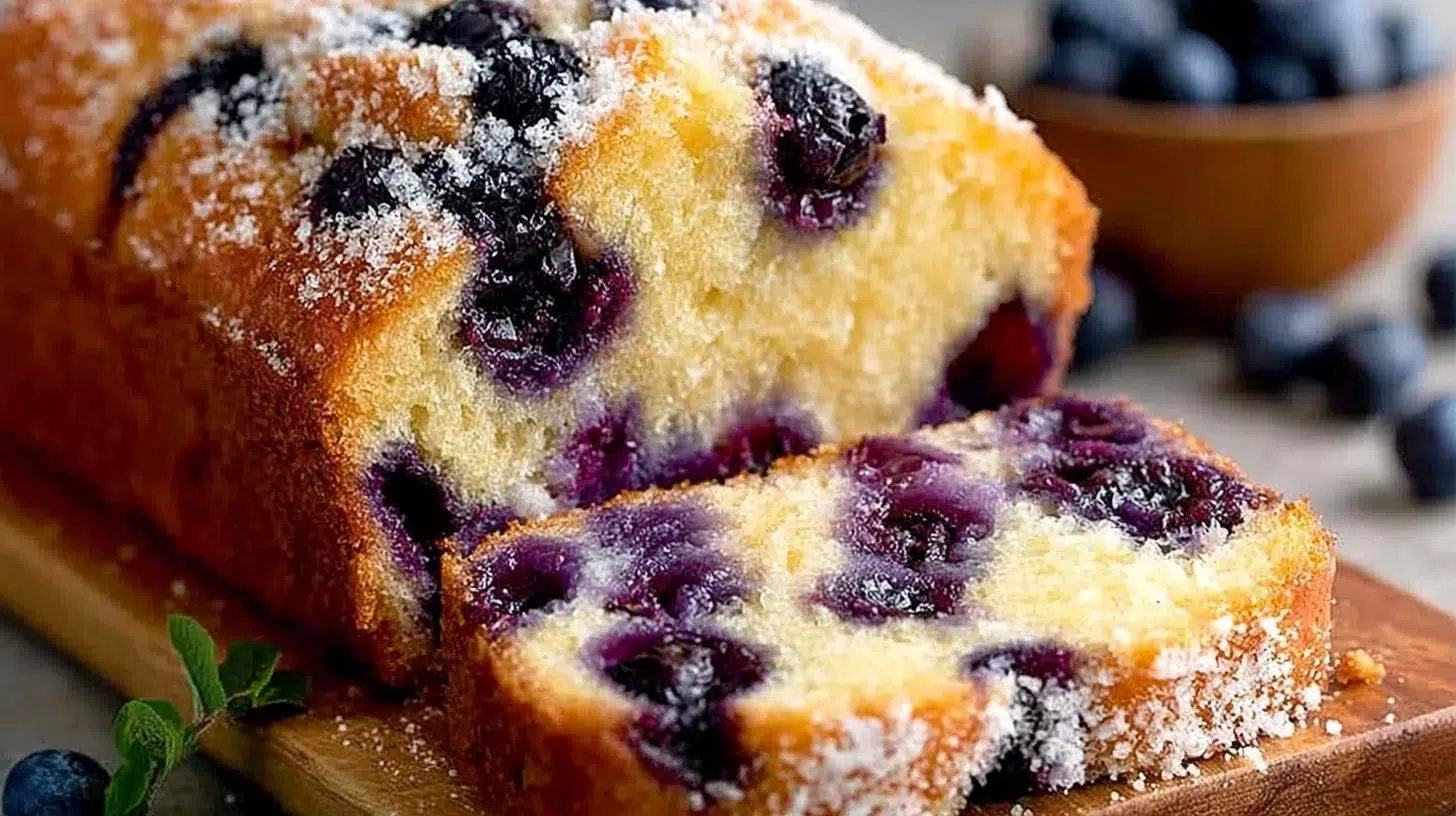 Loaf of juicy blueberry bread with fresh blueberries on top