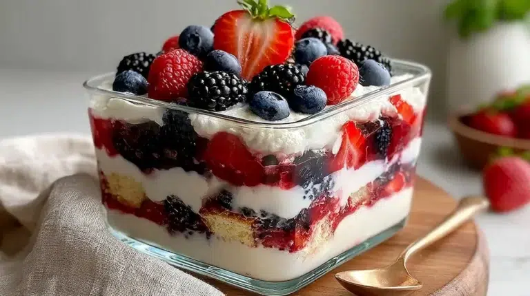 Keto Berry Cheesecake layered dessert trifle with fresh berries and cream