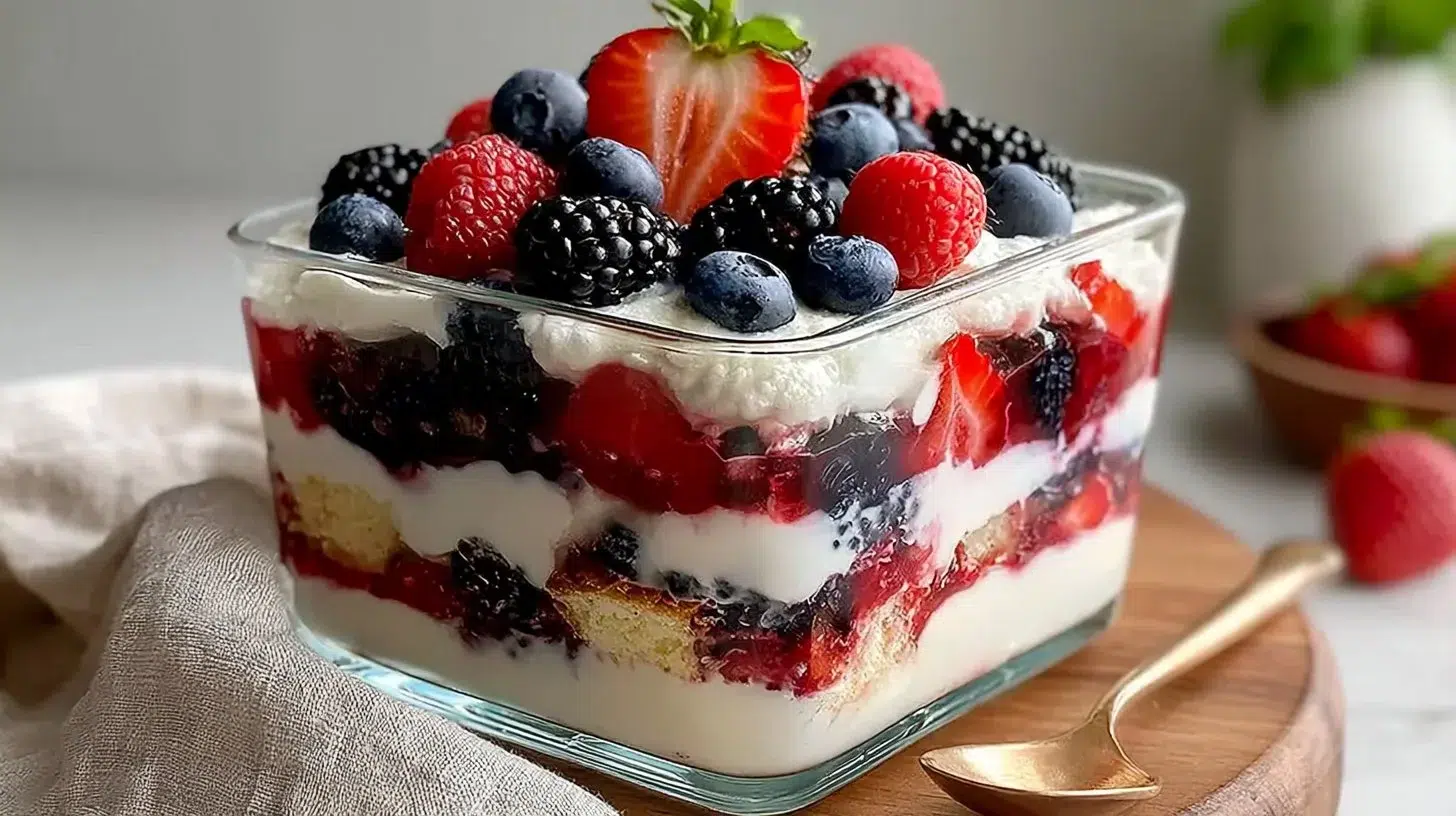 Keto Berry Cheesecake layered dessert trifle with fresh berries and cream
