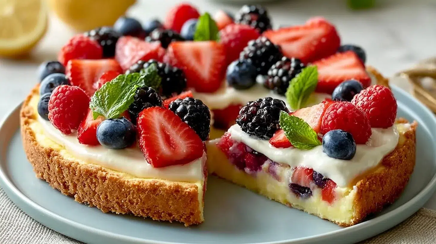 Delicious keto fruit pizza topped with fresh berries on a low-carb crust
