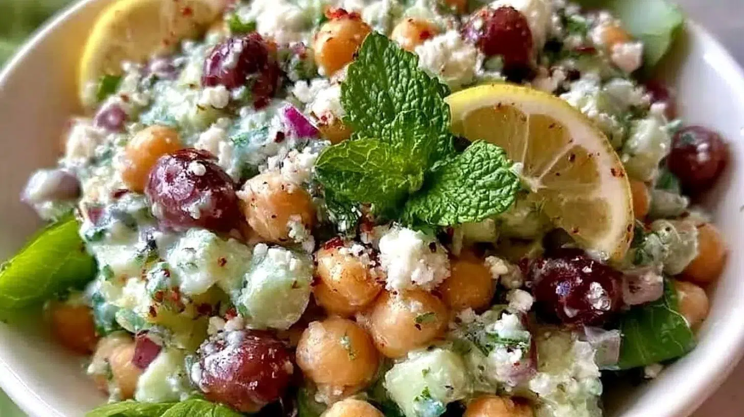 Lemon-infused Greek salad with feta cheese, olives, and fresh herbs in a bowl.