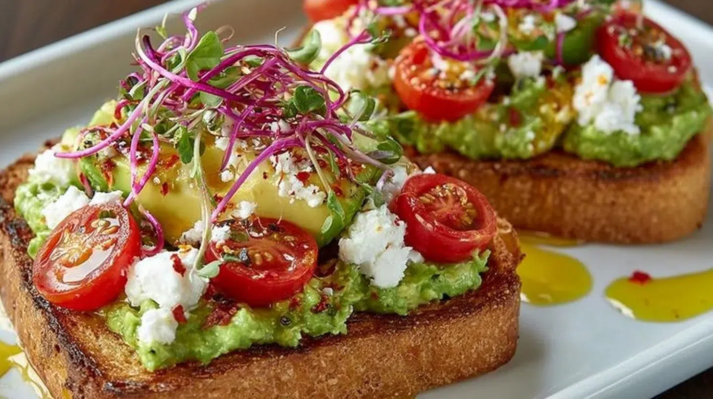 Loaded avocado toast topped with egg, veggies, and salsa on a rustic wooden table