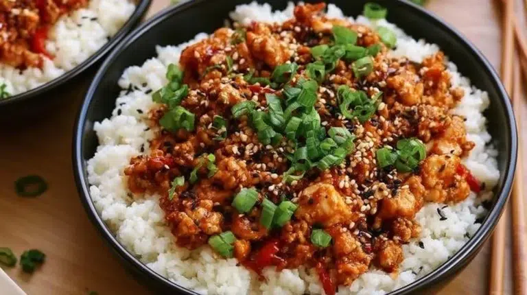 Low-carb firecracker ground chicken stir-fry served with fresh vegetables