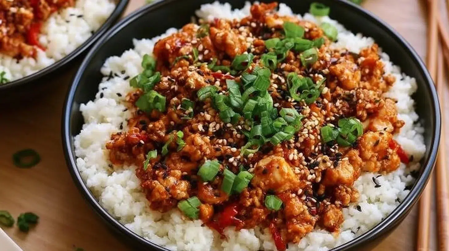 Low-carb firecracker ground chicken stir-fry served with fresh vegetables