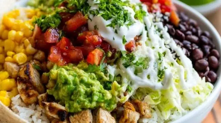 Homemade Chipotle Burrito Bowl with rice, beans, and fresh toppings