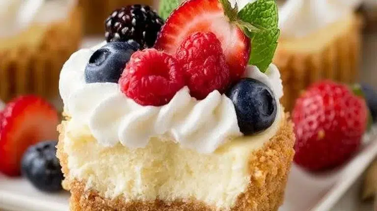 Mini cheesecakes with whipped cream and fresh fruit on a party platter