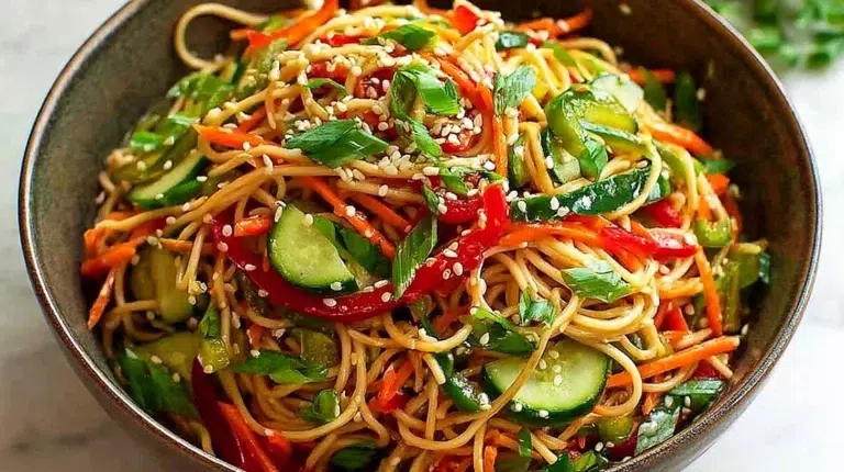 Colorful sesame noodle salad with crunchy vegetables in a bowl