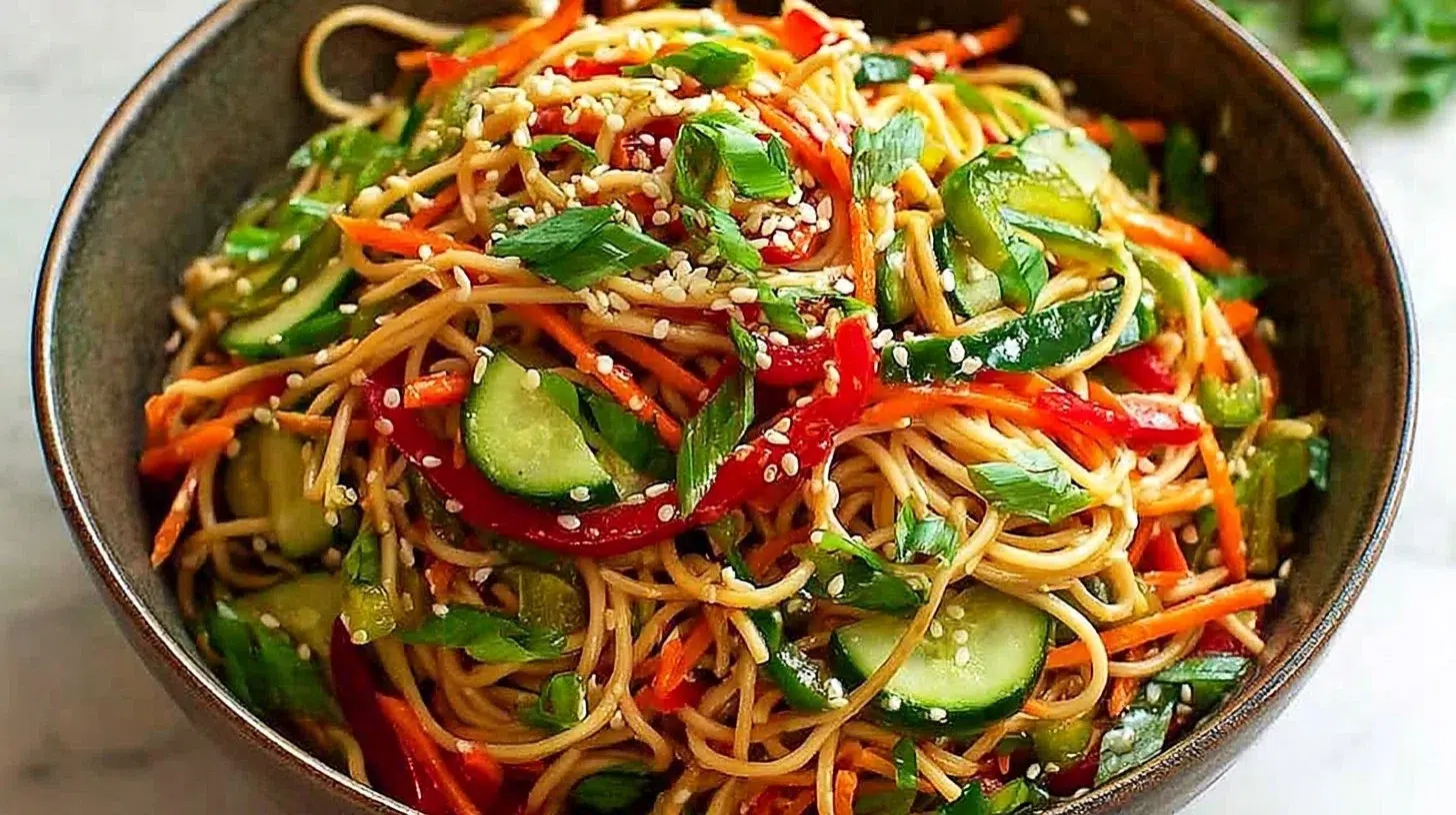 Colorful sesame noodle salad with crunchy vegetables in a bowl
