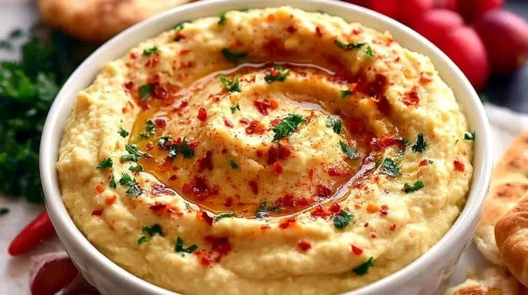 No-Tahini Hummus served in a bowl, showcasing a creamy texture and garnish.