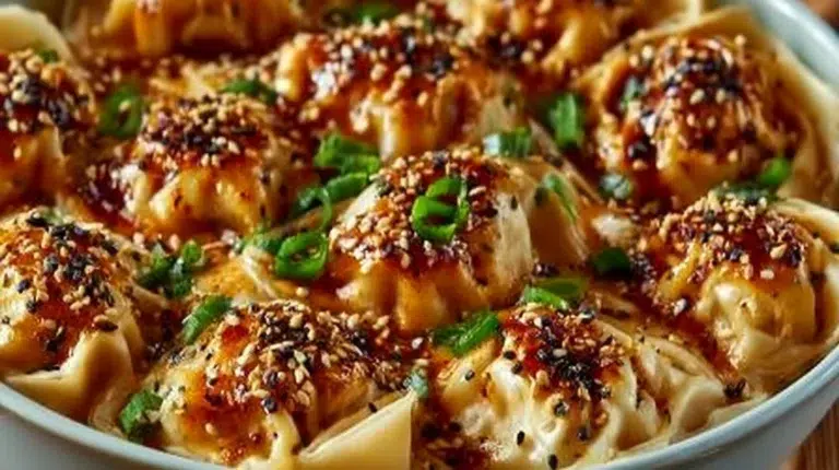 One-Pan Dumpling Bake dish garnished and served on a plate for dinner