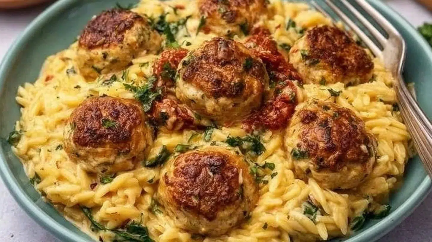 One-Pan Tuscan Chicken Meatballs served with orzo pasta