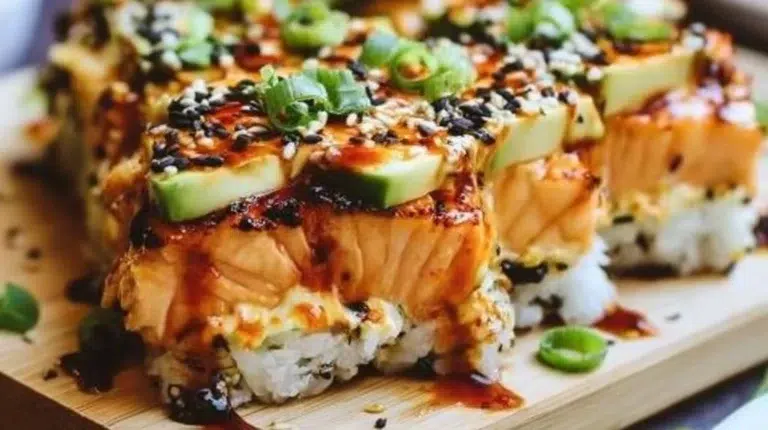 Oven-baked spicy salmon sushi casserole served in a dish