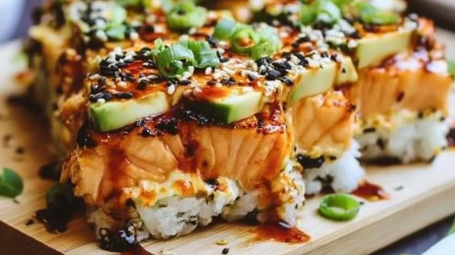 Oven-baked spicy salmon sushi casserole served in a dish