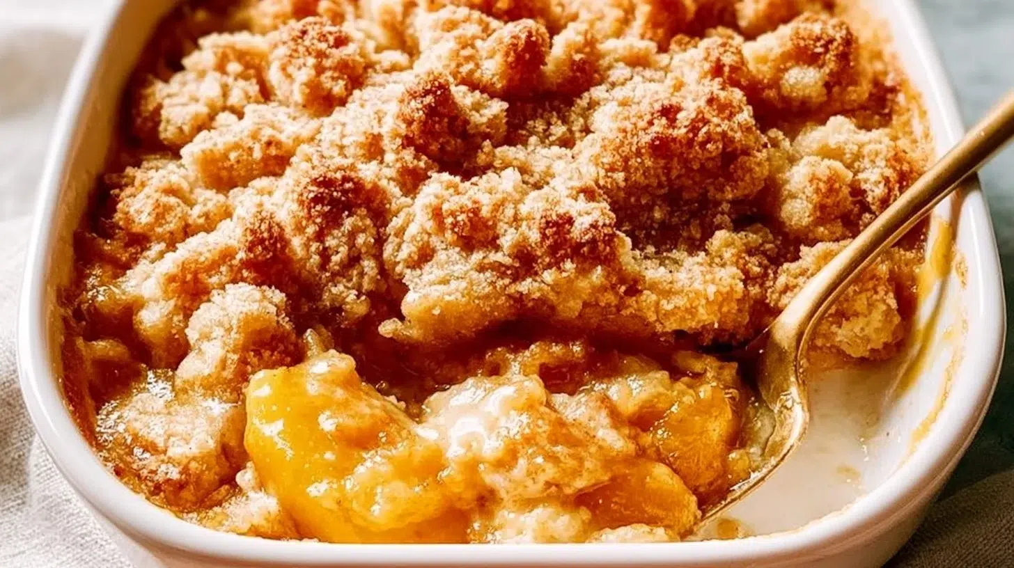 Delicious homemade peach cobbler with golden crust and fresh peaches