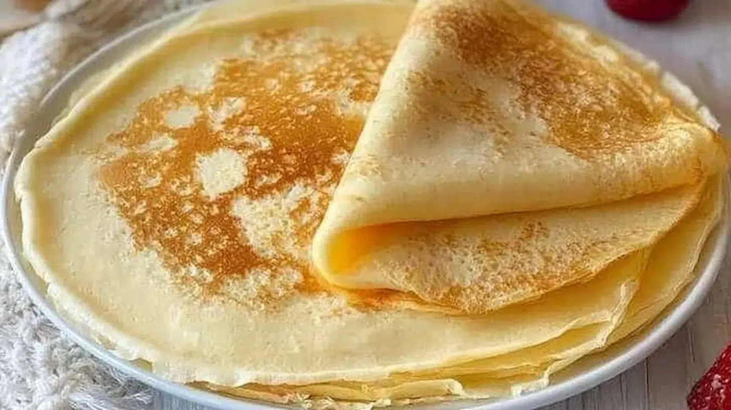 A stack of perfectly made crepes served with fresh fruits and syrup.
