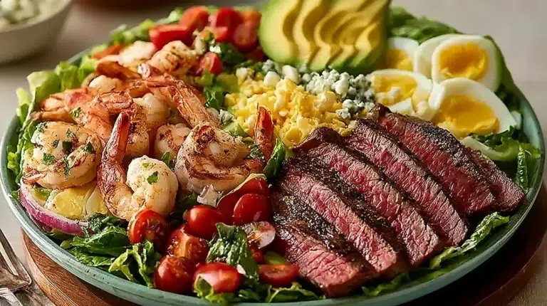 Delicious shrimp and steak Cobb salad with fresh vegetables and dressing