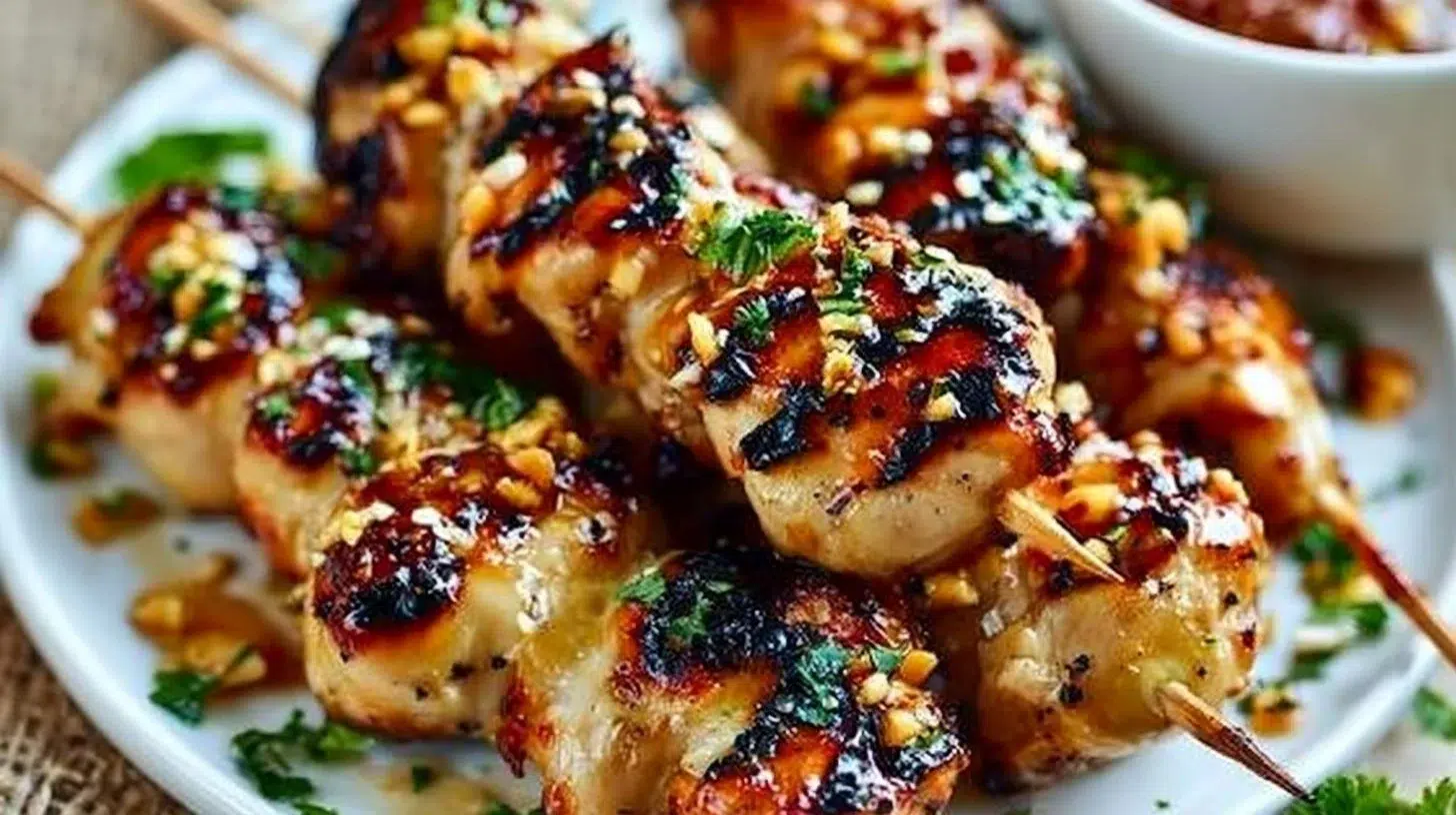 Savory grilled Asian chicken skewers with honey garlic glaze on a barbecue